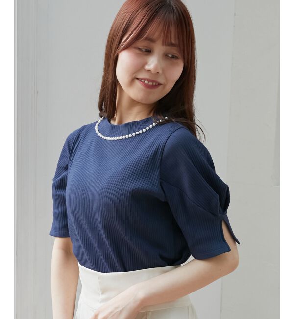  「ネックパールリブトップス」|Tシャツ・カットソー|ネイビー