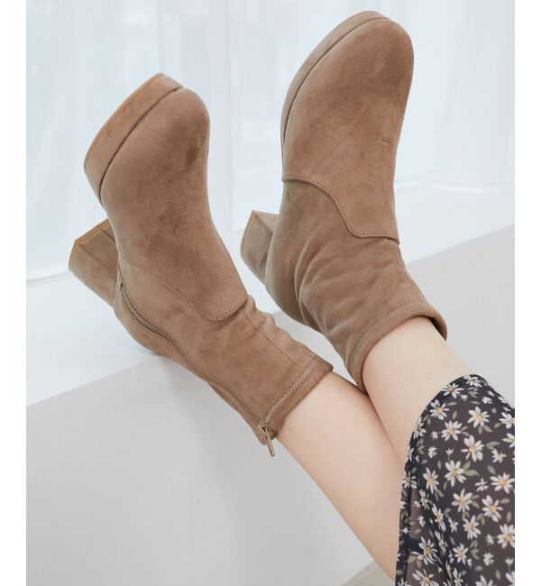  「フカフカヒールストレッチブーツ」|ショートブーツ|ベージュ柄