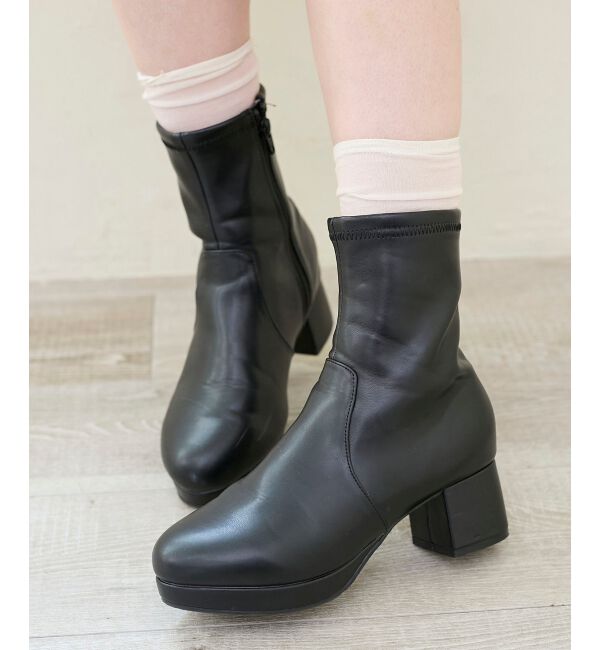  「フカフカヒールストレッチブーツ」|ショートブーツ|ブラック
