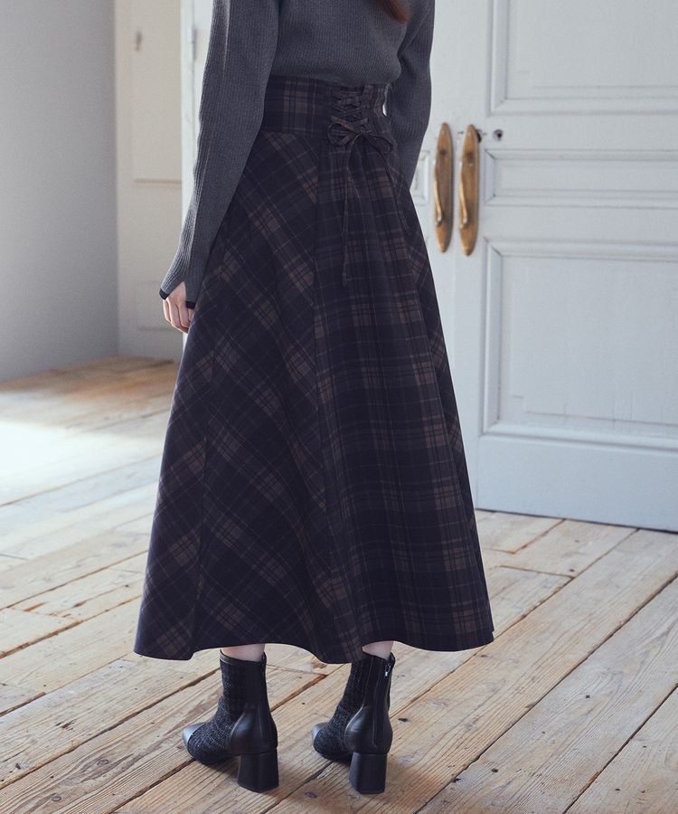 earth music&ecology「バックレースアップチェックスカート」|フレア|