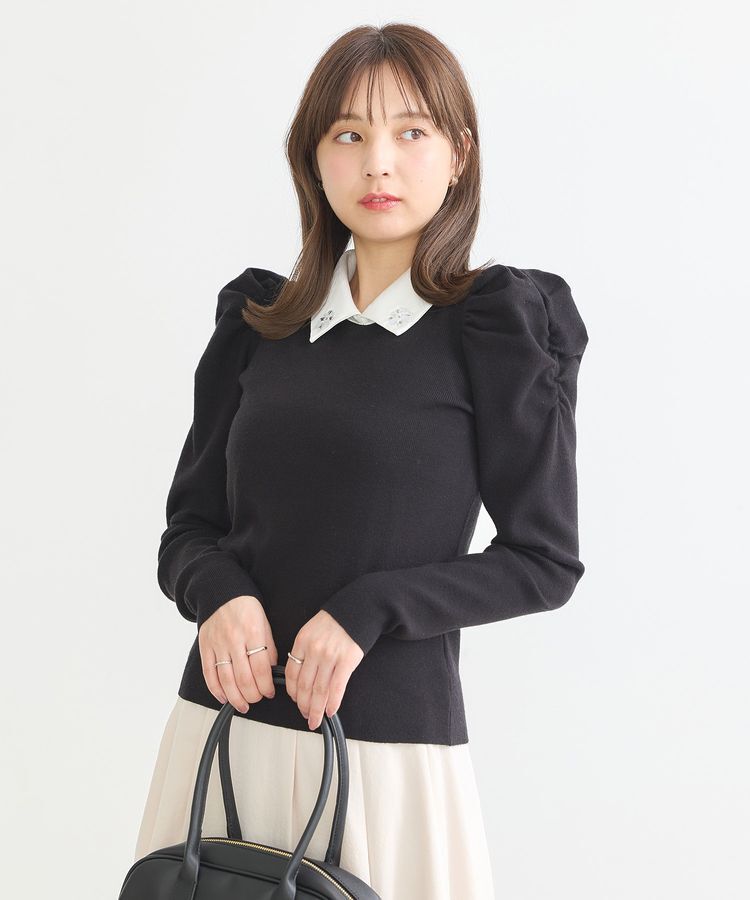 earth music&ecology「襟ビジュー付きニットプルオーバー」|ニット・セーター|Black