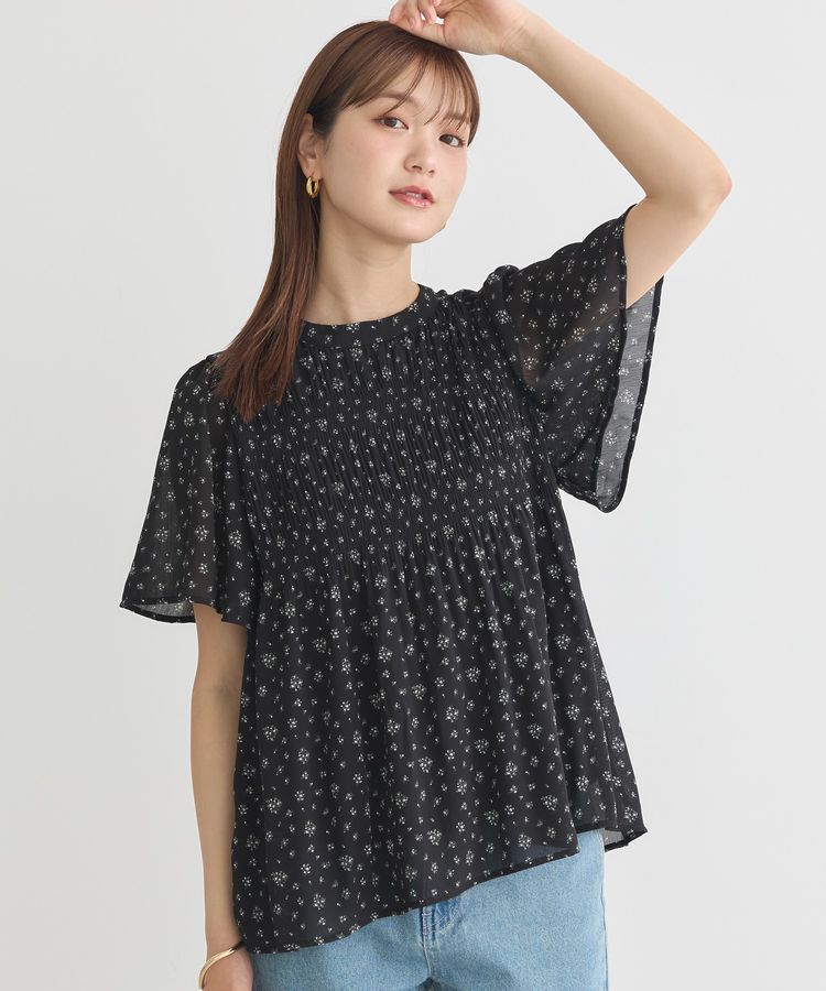 earth music&ecology「マジョリカプリーツ半袖ブラウス」|シャツ・ブラウス|Flower Black