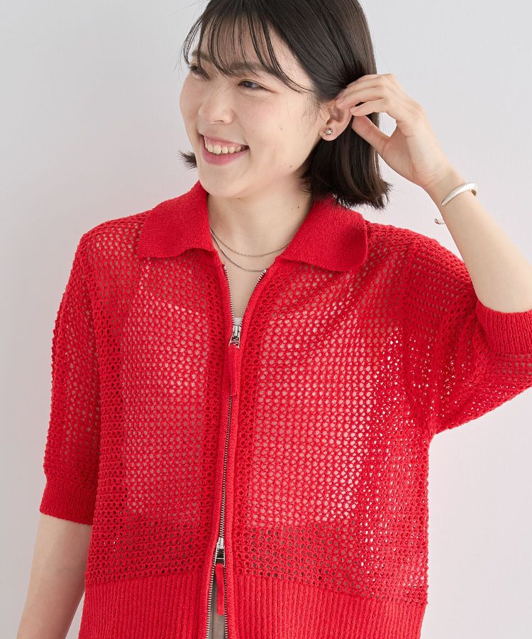 Green Parks「襟付きメッシュ編みZIPカーディガン」|カーディガン|