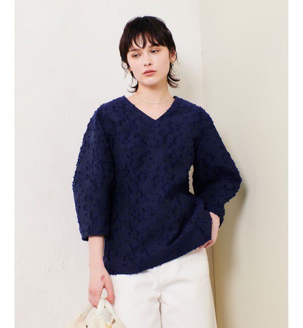 allureville「ジャガードランタンスリーブブラウス」|シャツ・ブラウス|ネイビー