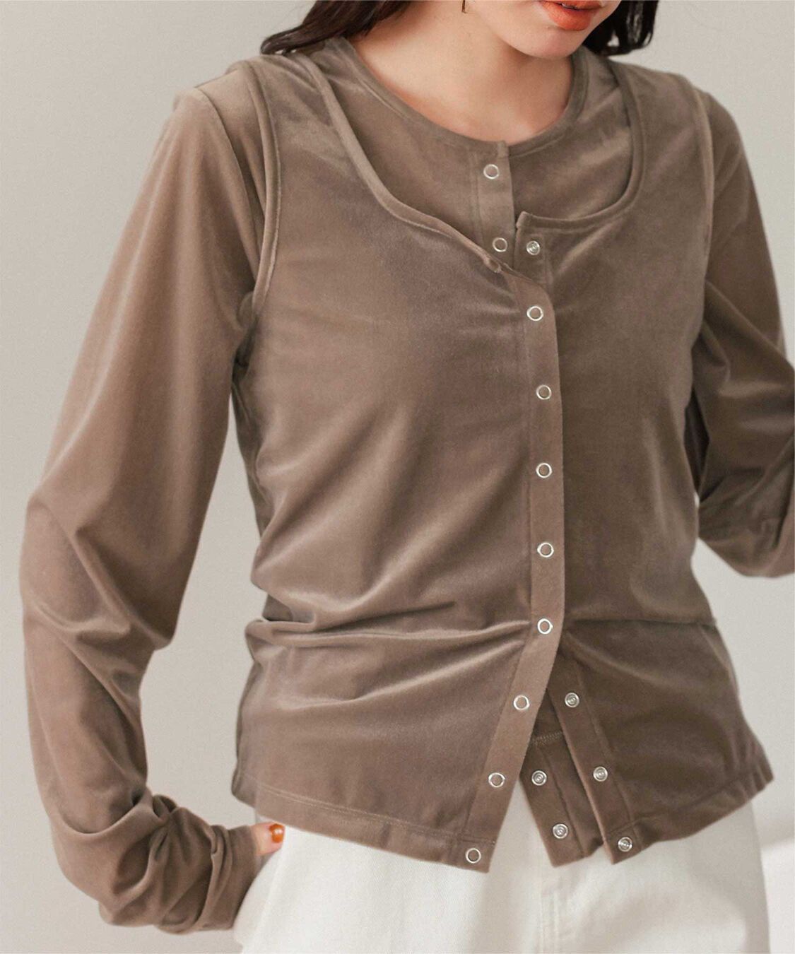 titivate「シアーベロアカーディガン」|カーディガン|グレージュ