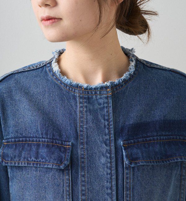  「デニムノーカラーワークジャケット」|デニムジャケット|
