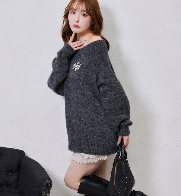  「ブローチ付きベロアモールミニニットワンピース」|ワンピース|