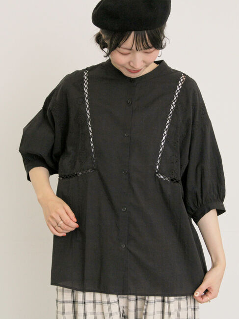 Samansa Mos2「レース切替バンドカラーブラウス」|シャツ・ブラウス|ブラック