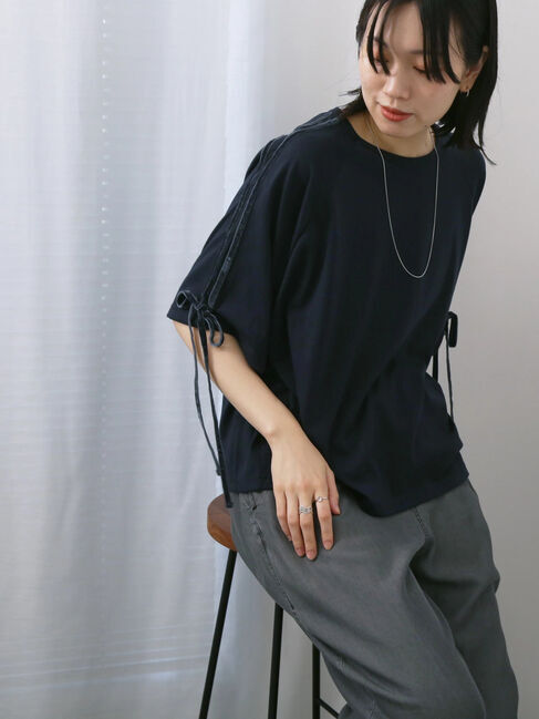 Samansa Mos2 blue「◎【接触冷感】ベロアラインリボンTシャツ」|Tシャツ・カットソー|