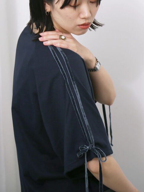 Samansa Mos2 blue「◎【接触冷感】ベロアラインリボンTシャツ」|Tシャツ・カットソー|