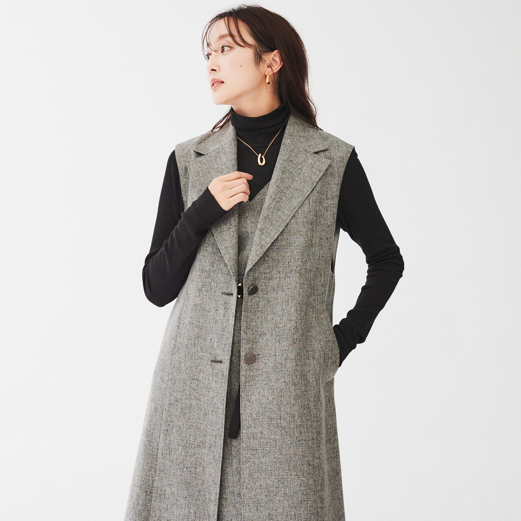 UNTITLED「【ツイードライク/セットアップ可】メランジ ロングジレ」|ベスト・ジレ|チャコールグレー(0