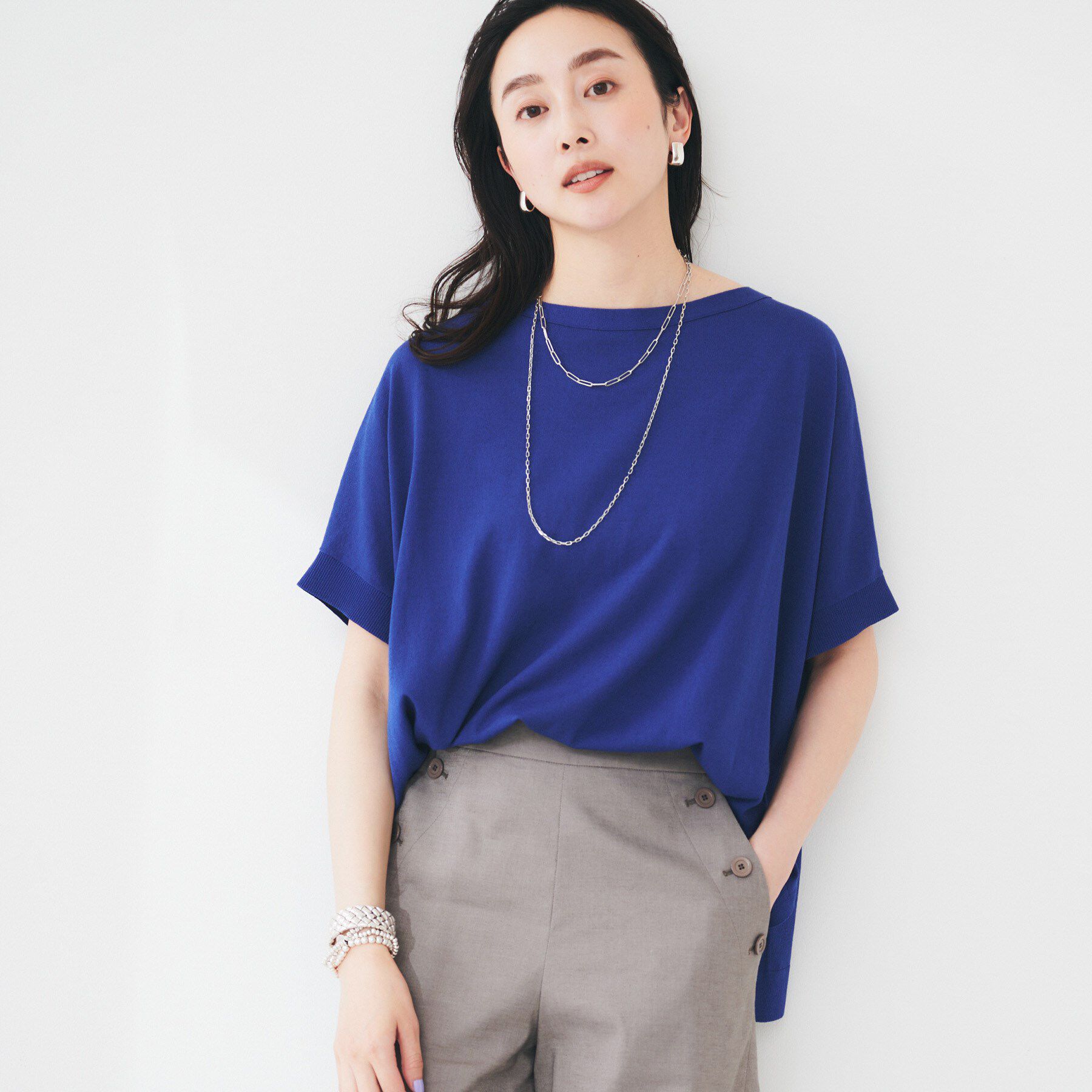 UNTITLED「【体型カバー/手洗い可】コットンリネン ワイドプルオーバーニット」|ニット・セーター|