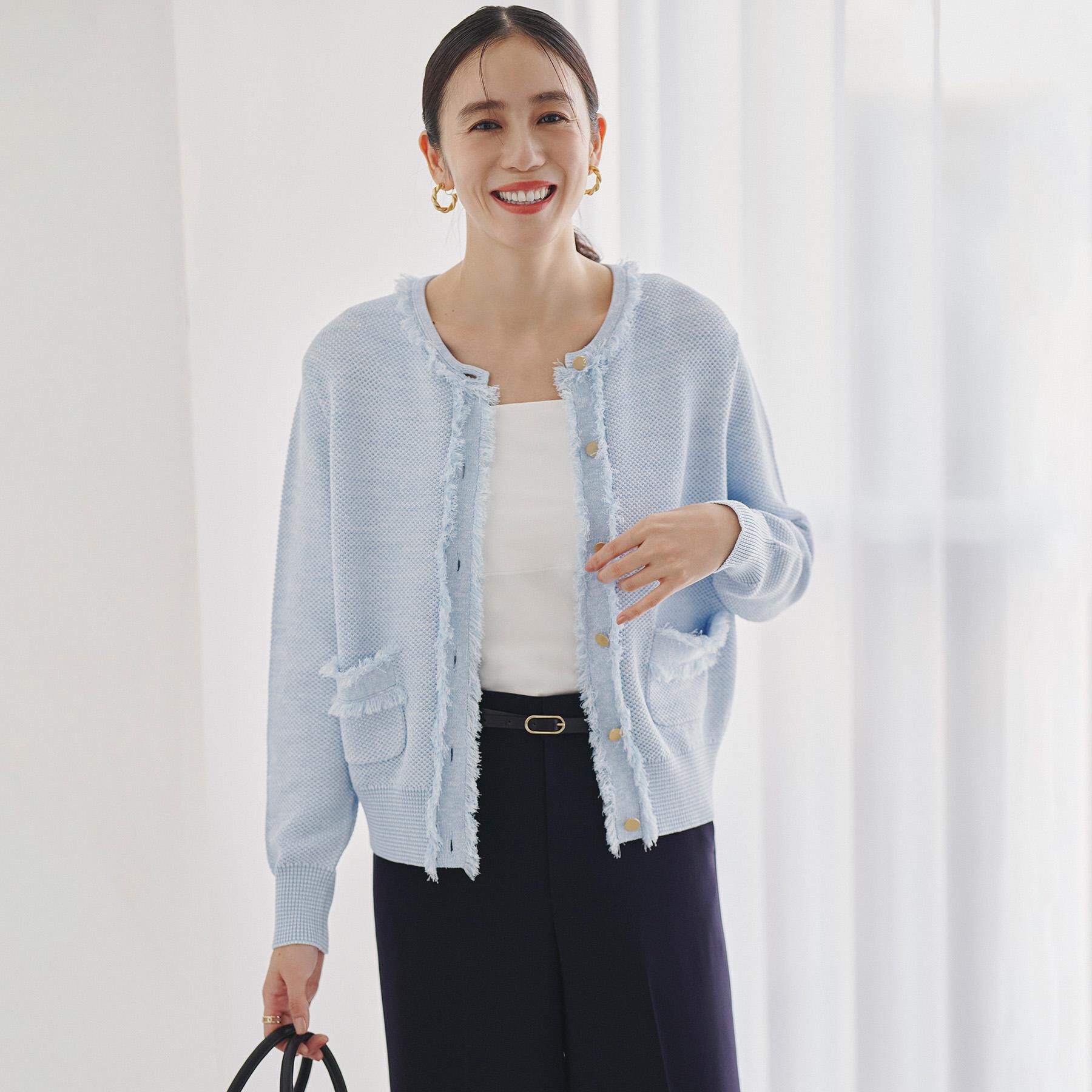 UNTITLED「【洗える/ジャケット風】ツイードニットカーディガン」|カーディガン|ブルー(492)