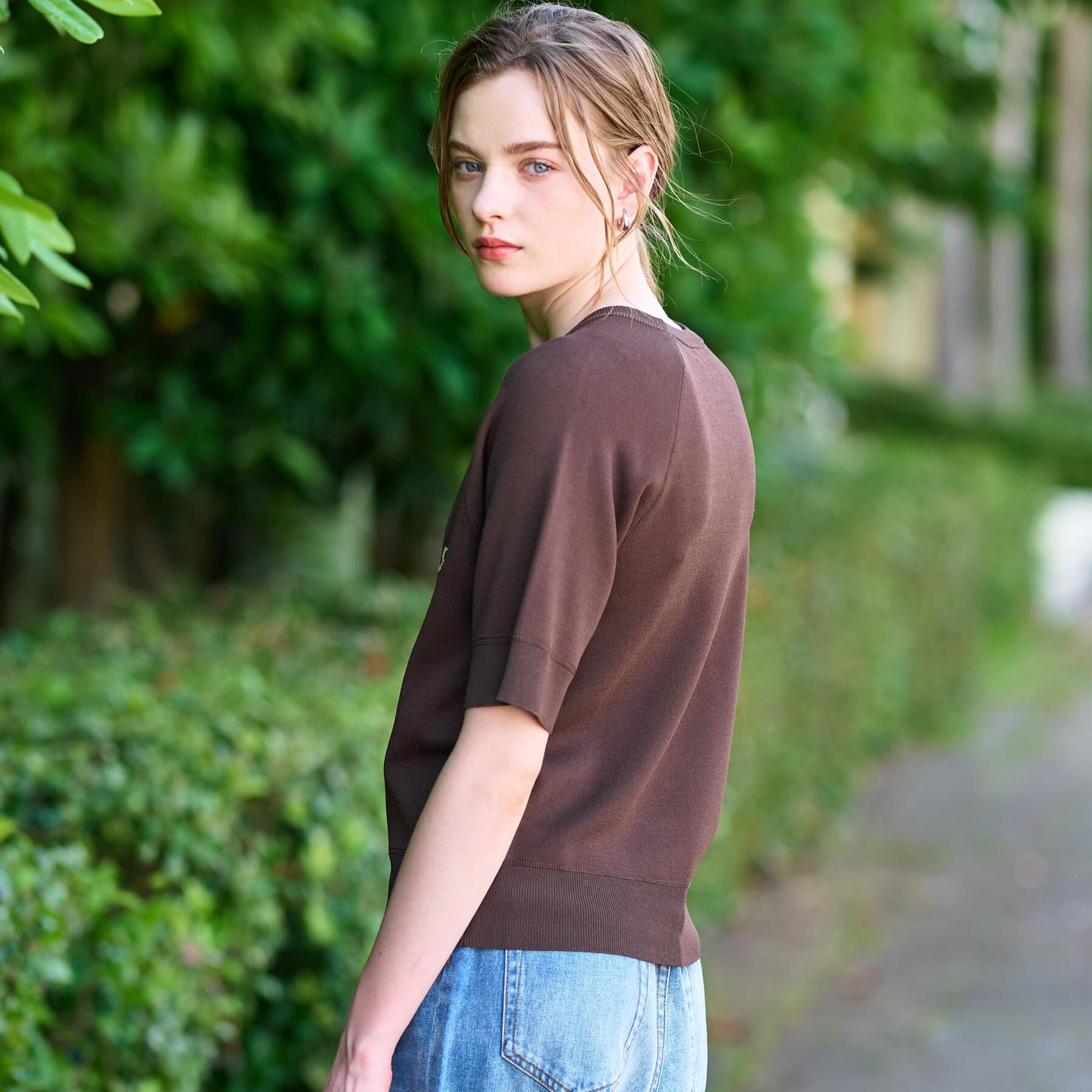 DRESSTERIOR「【洗える/オリジナルロゴ】Parisハーフスリーブジャカードニット」|ニット・セーター|