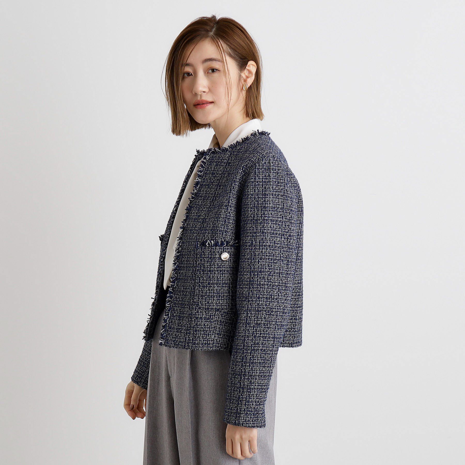 grove「【雑誌掲載】ツイードコンパクトジャケット」|ノーカラージャケット|