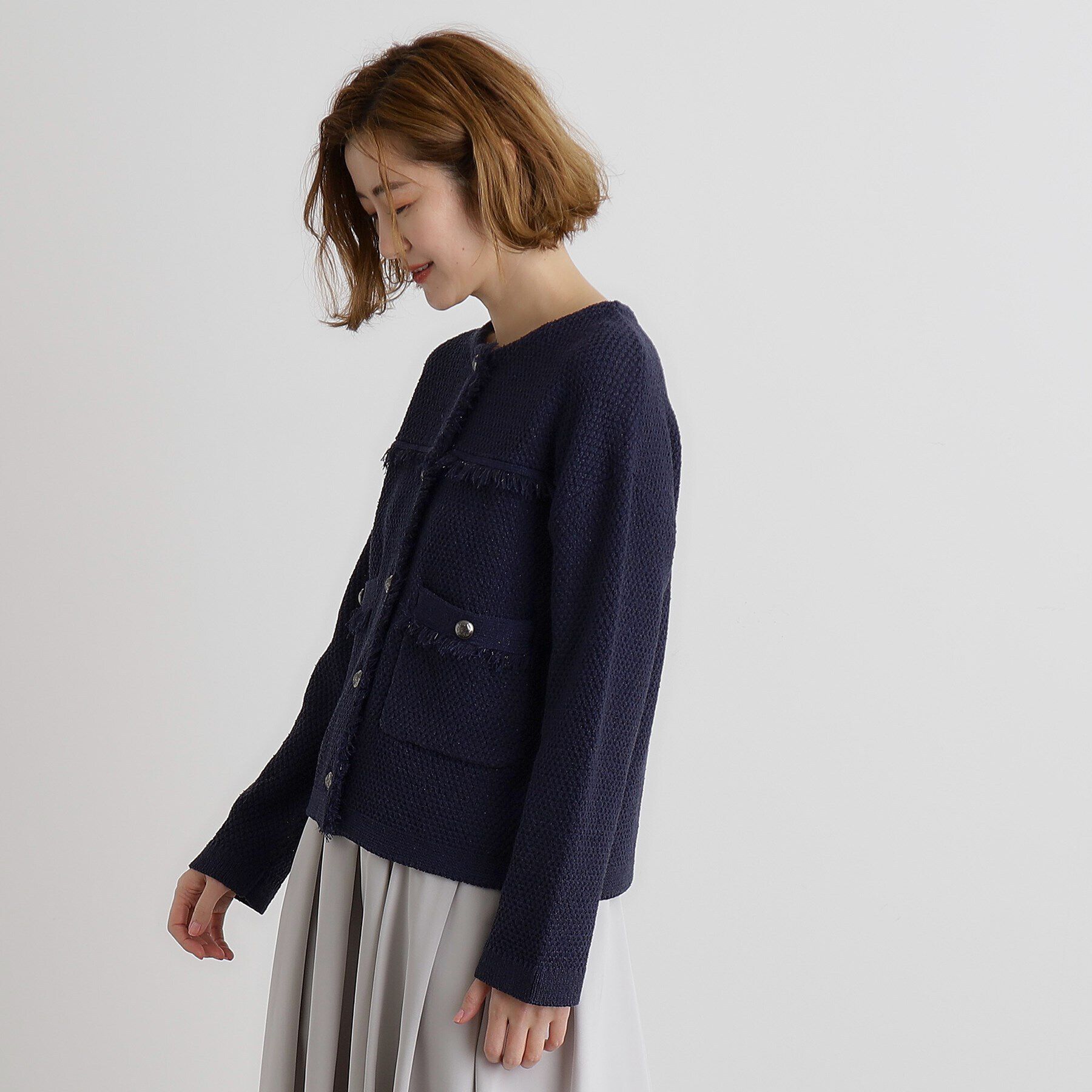grove「ツイードニットジャケット」|ノーカラージャケット|
