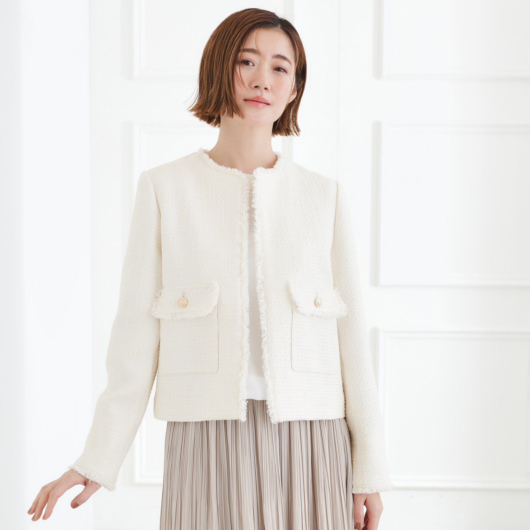 grove「ショートツイードジャケット」|ノーカラージャケット|オフホワイト(003