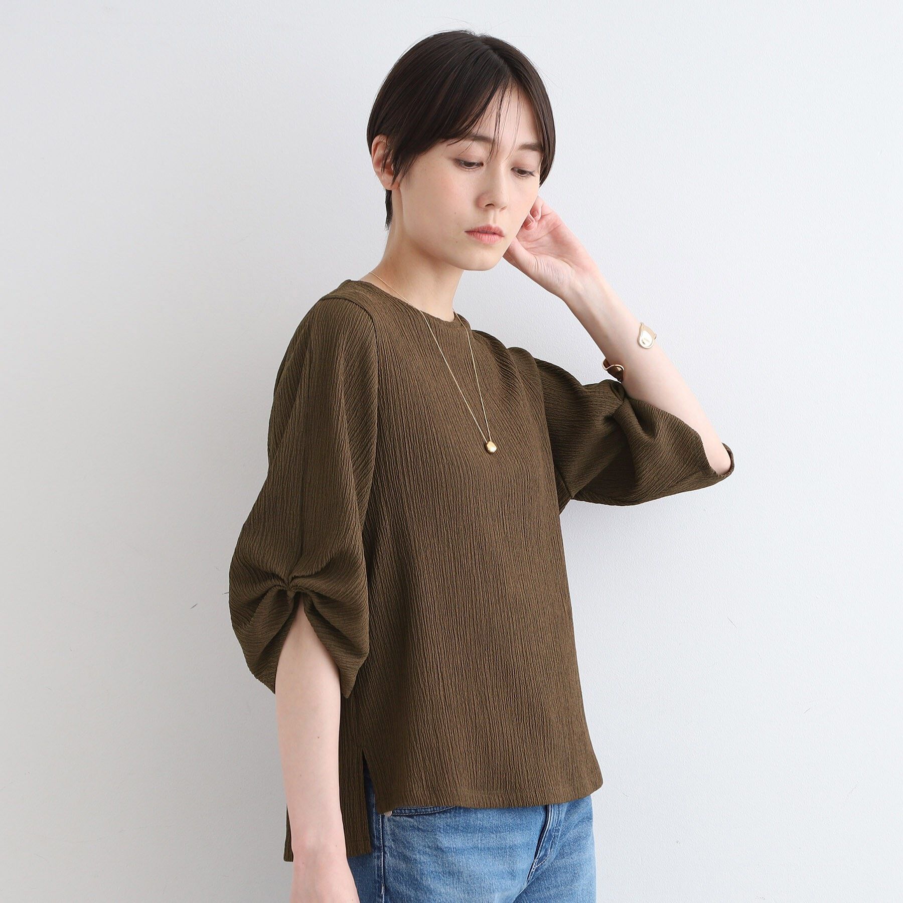 INDIVI「【洗える／UVケア／凹凸素材】タックスリーブトップス」|Tシャツ・カットソー|