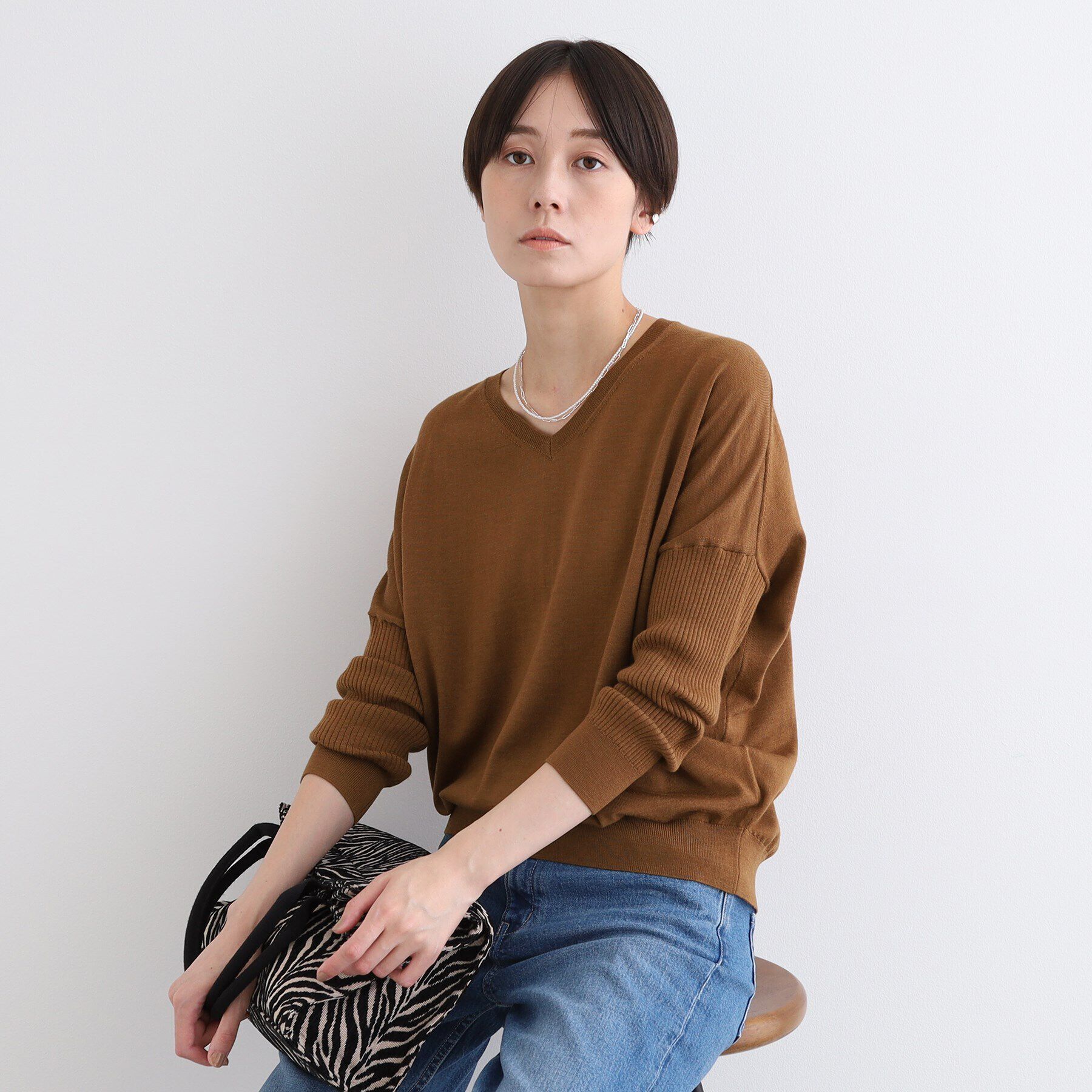 INDIVI「【ウール混】リブスリーブコンパクトニット」|ニット・セーター|キャメルブラウン(0