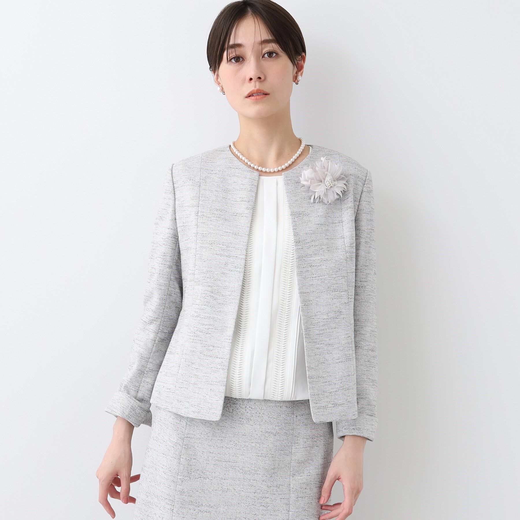 INDIVI「【洗える】ストレッチツィードジャケット」|ノーカラージャケット|