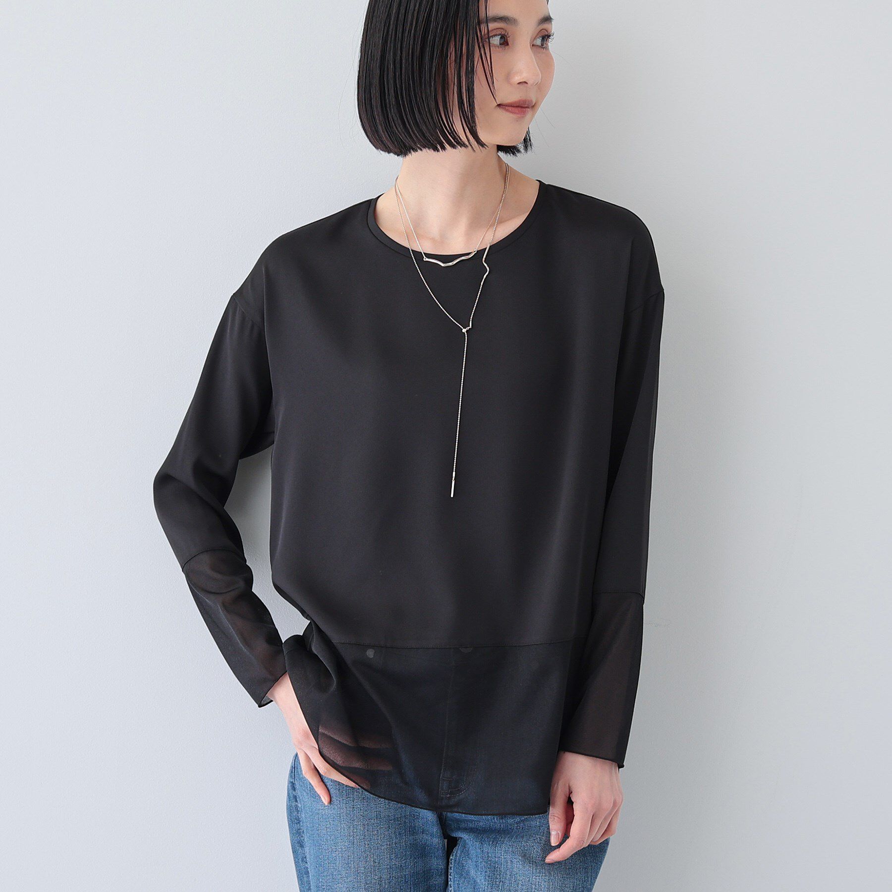 INDIVI「【洗える】袖＆裾 シアーデザイントップス」|Tシャツ・カットソー|ブラック(019)