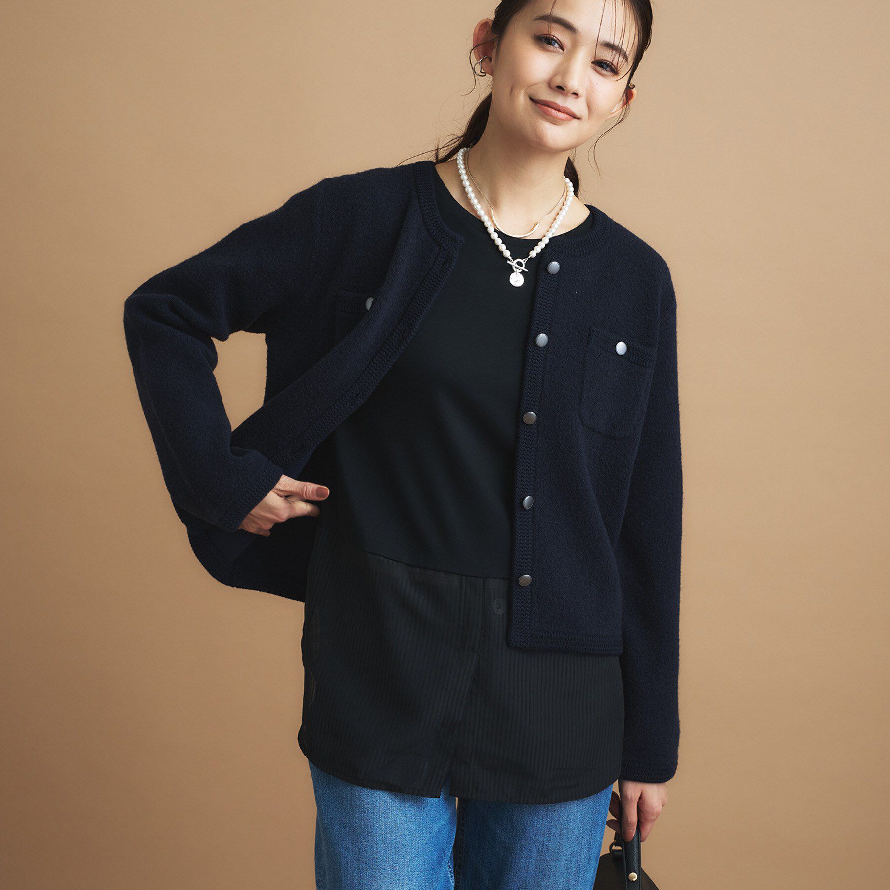 INDIVI「【コットン】シャツ切り替えカットソー」|Tシャツ・カットソー|ブラック(019)