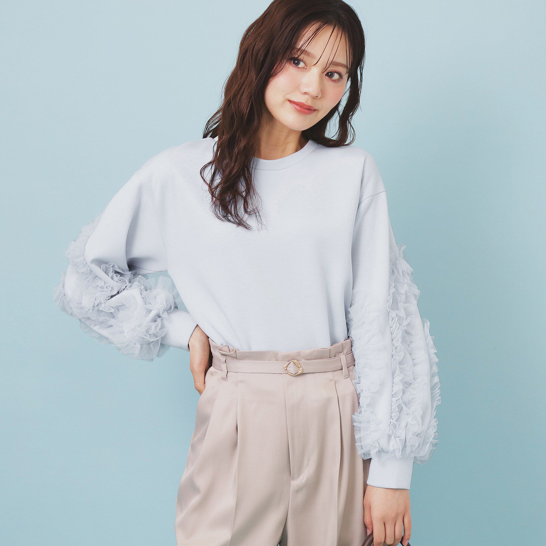 index「フリルスリーブトップス【洗濯機OK】」|Tシャツ・カットソー|サックスブルー(09