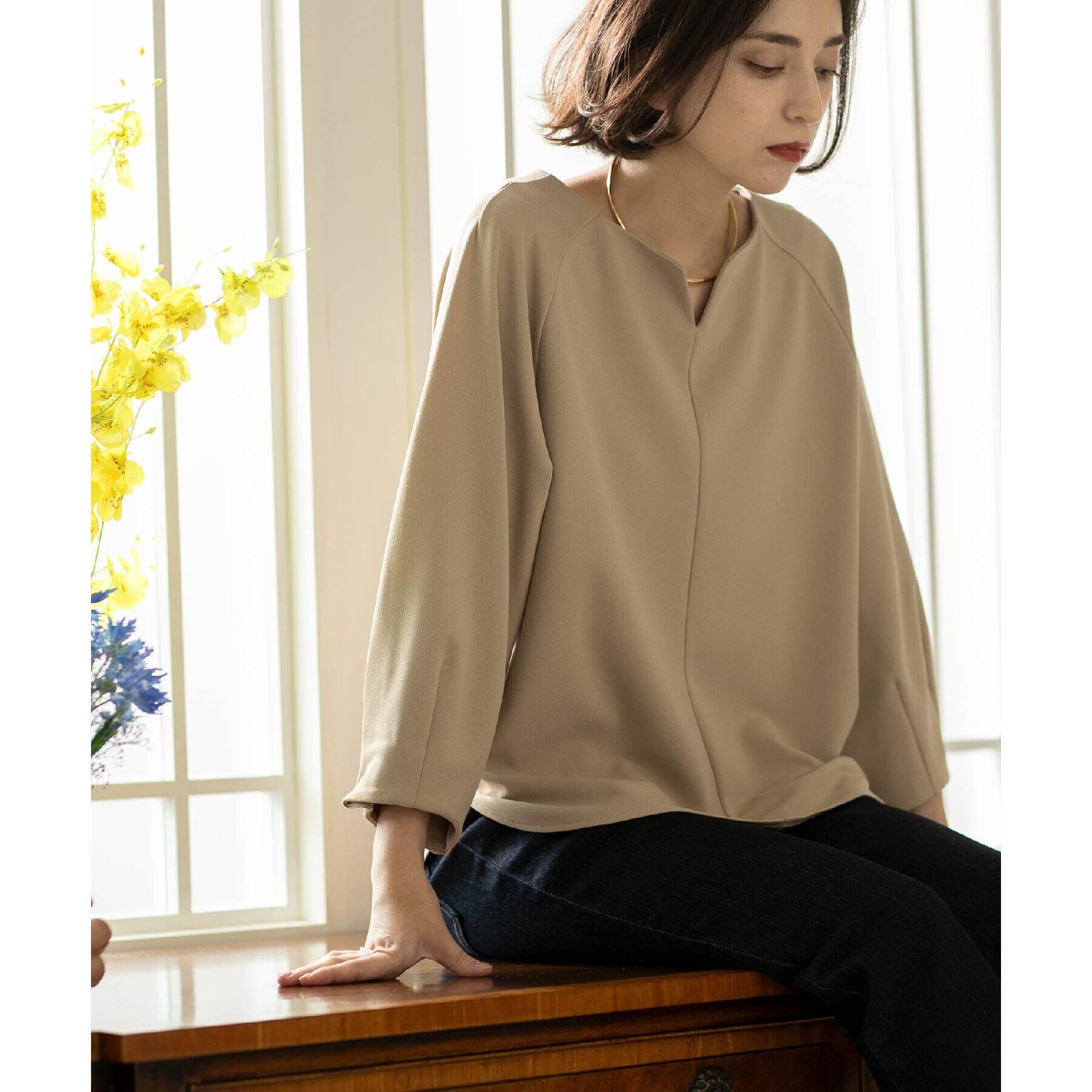 OPAQUE.CLIP「UV 袖口金ボタンキーネックトップス【吸水速乾/洗濯機洗い可】」|Tシャツ・カットソー|