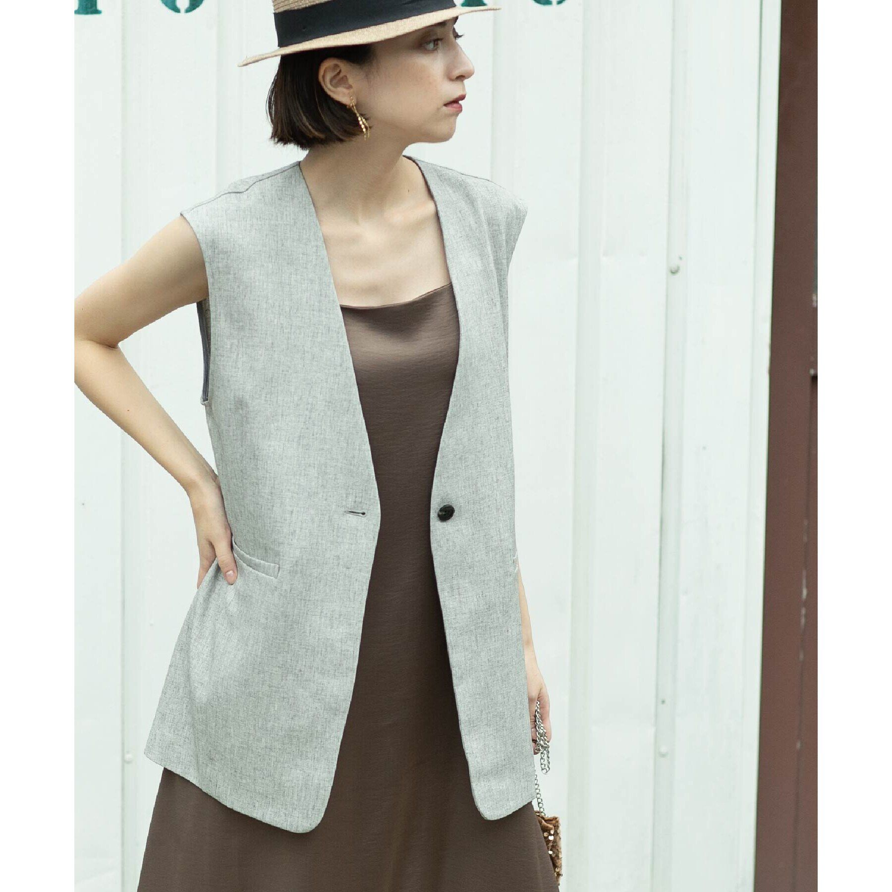 OPAQUE.CLIP「麻混ノーカラージレ【洗濯機洗い可】」|ベスト・ジレ|ブラック(419)