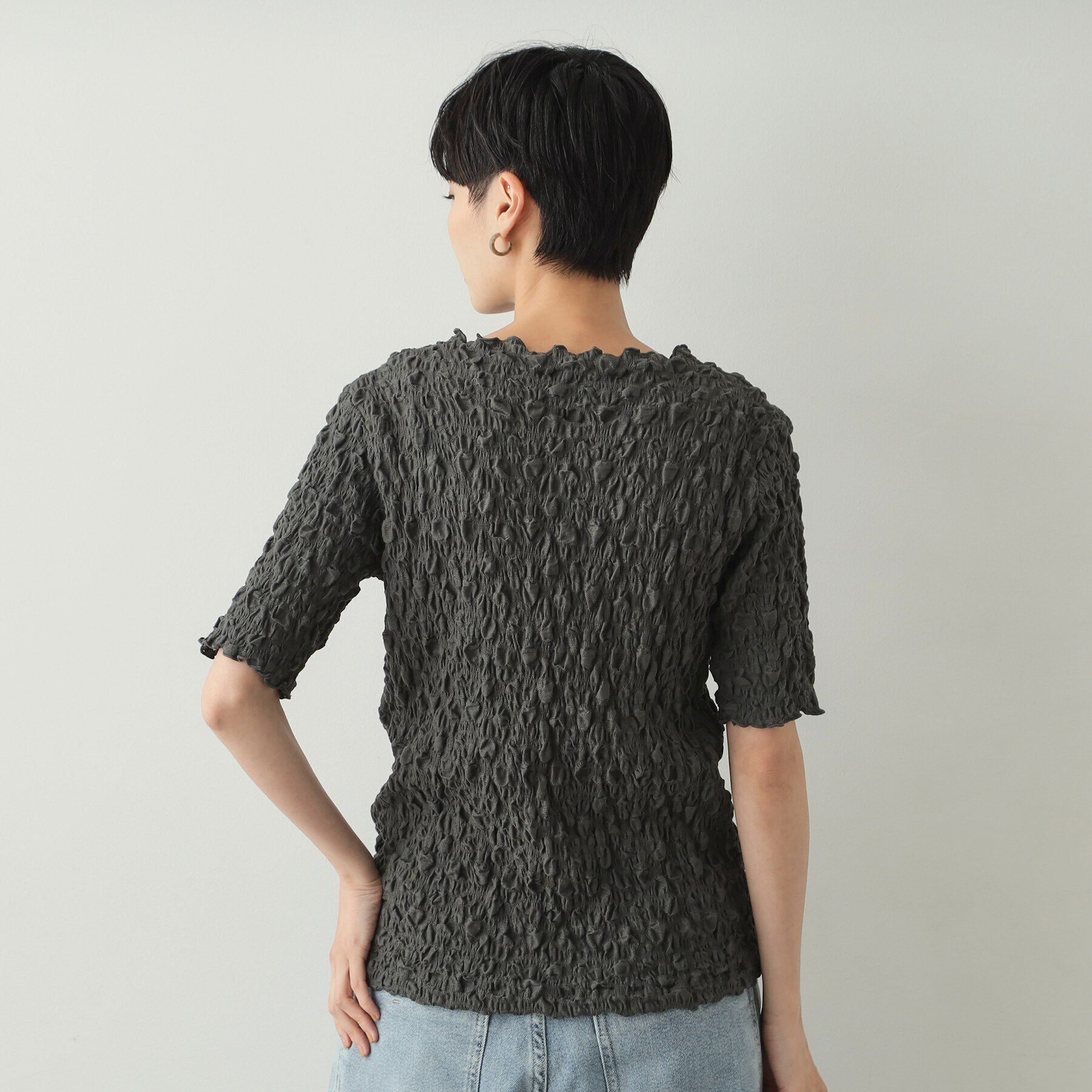 OPAQUE.CLIP「シャーリングレース5分袖カットソー【洗濯機洗い可】」|Tシャツ・カットソー|