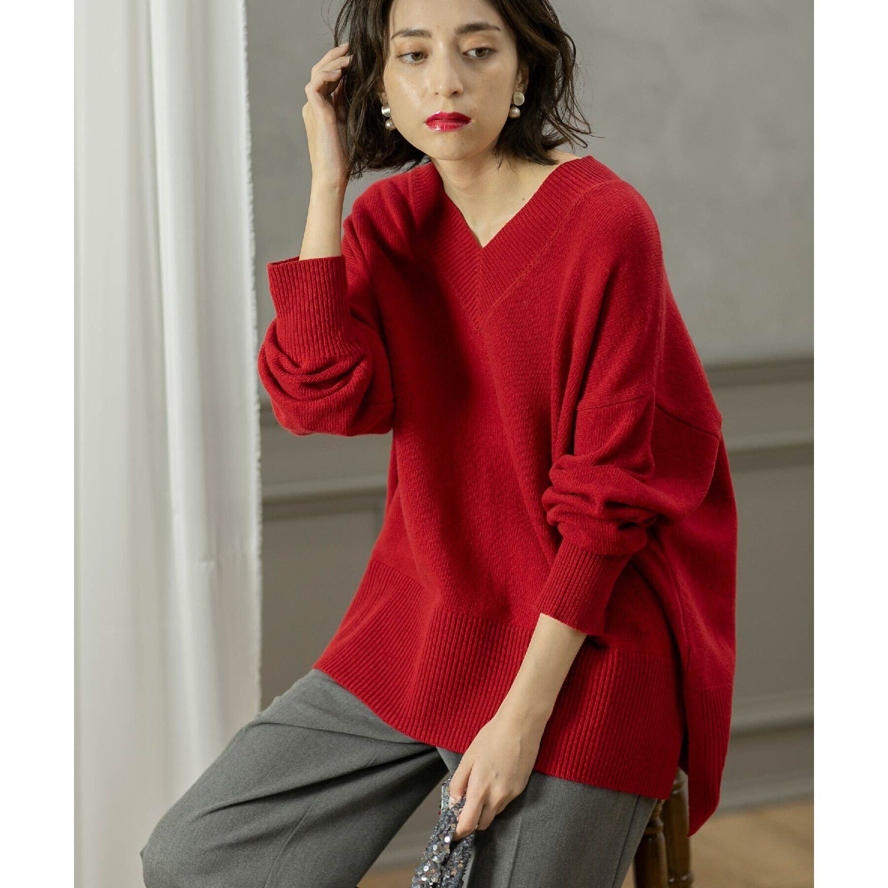 OPAQUE.CLIP「ミドルゲージVネックニット／FILIVIVI・フィルビビ【洗える】」|ニット・セーター|