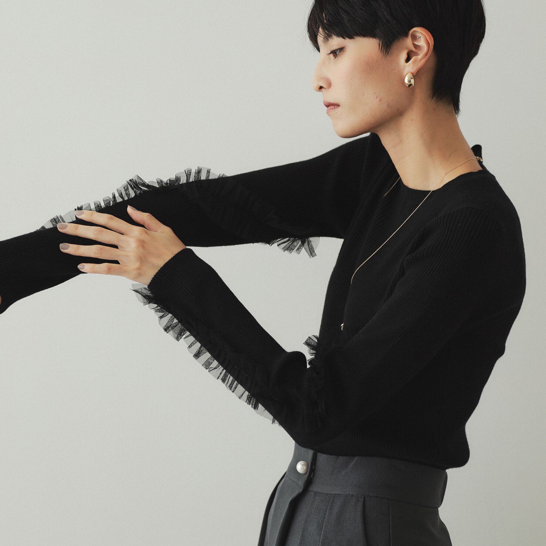 OPAQUE.CLIP「チュールフリルスリーブリブニット【洗濯機洗い可】」|ニット・セーター|