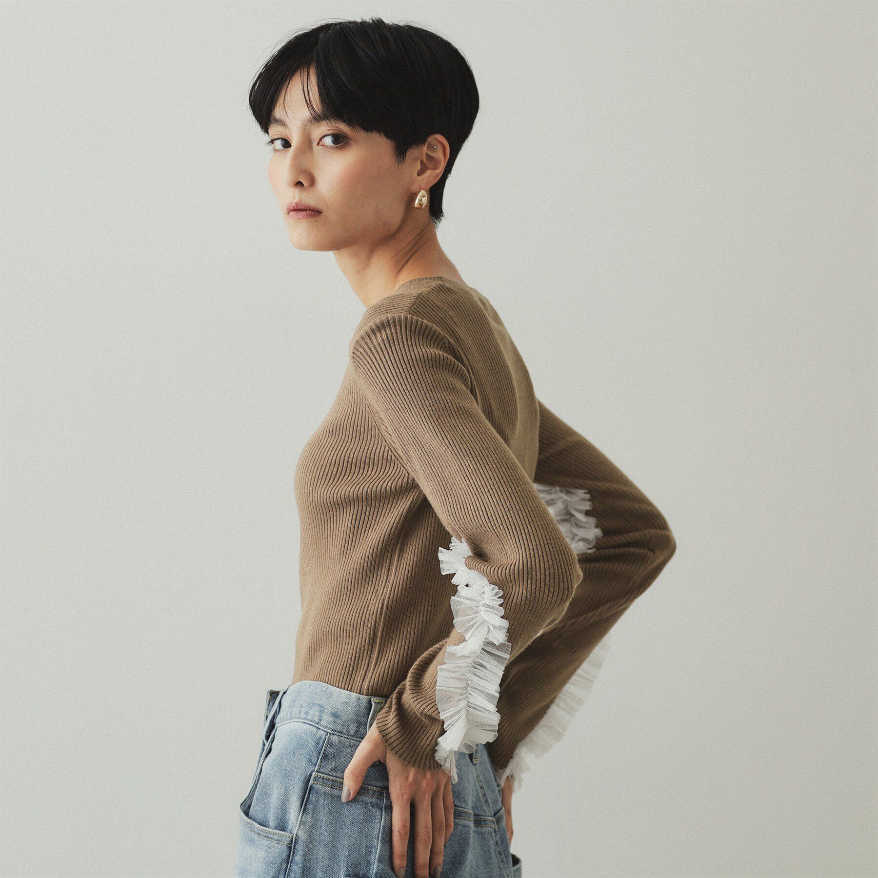 OPAQUE.CLIP「チュールフリルスリーブリブニット【洗濯機洗い可】」|ニット・セーター|