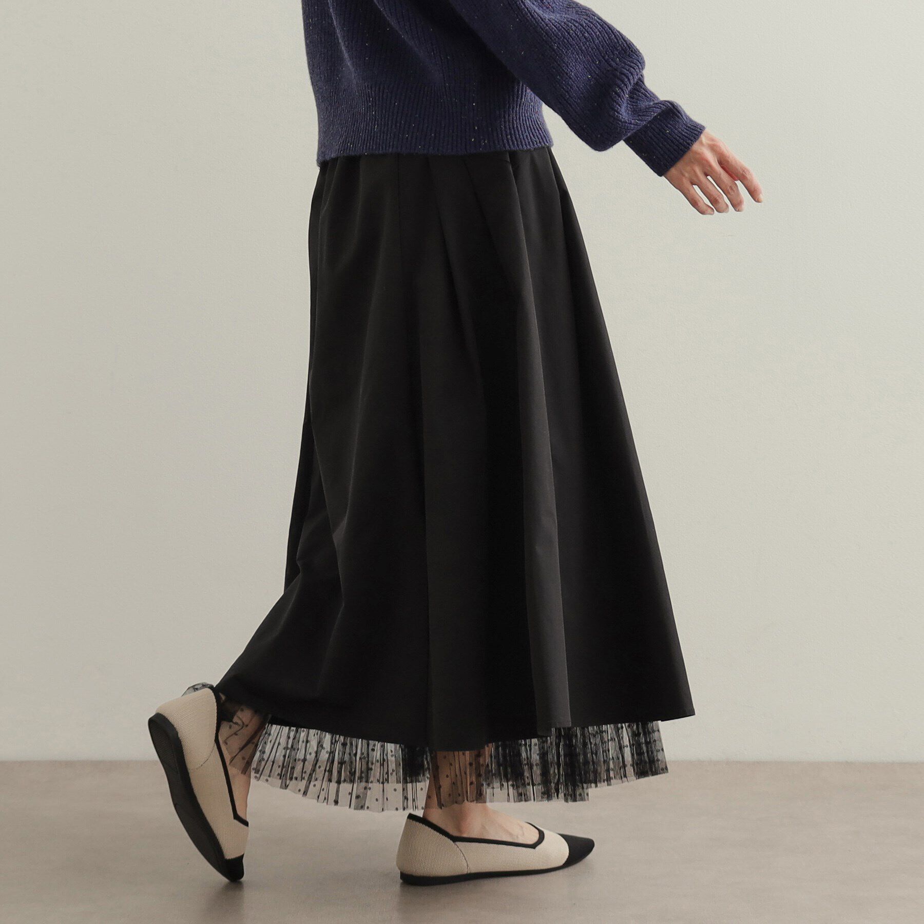 OPAQUE.CLIP「裾チュールプリーツドッキング タックフレアスカート【洗濯機洗い可】」|スカート|