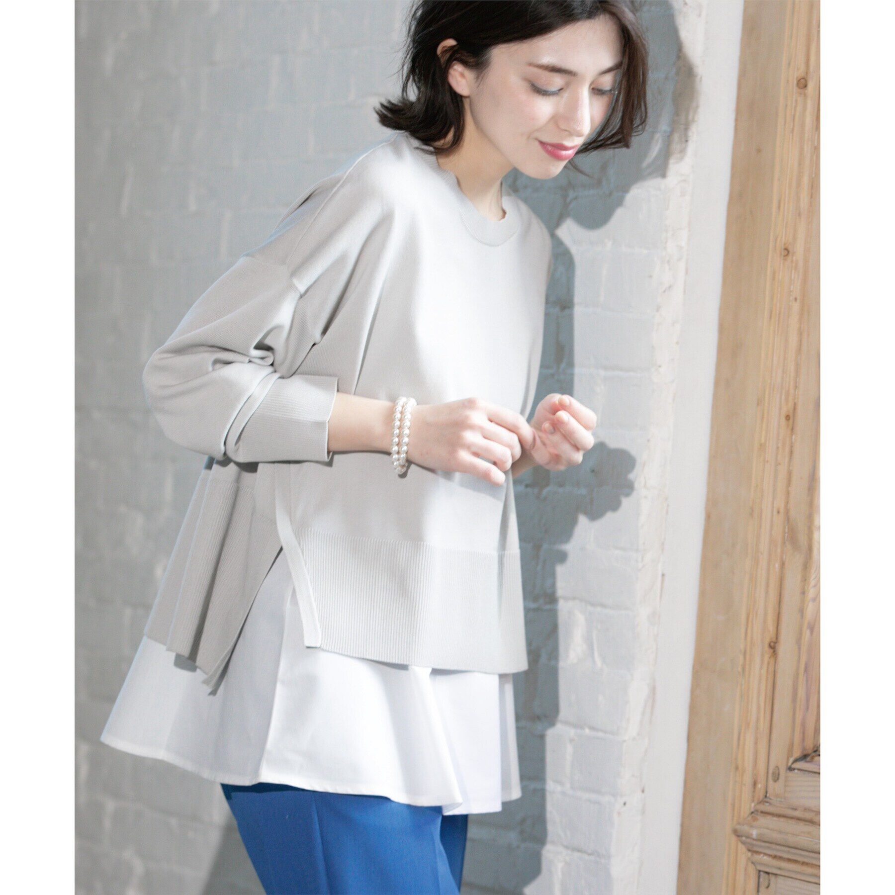 OPAQUE.CLIP「《ツインセット》ワイドニット&times;裾フレアタンクトップ【洗濯機洗い可/抗ピル】」|ニット・セーター|ライトグレー(011