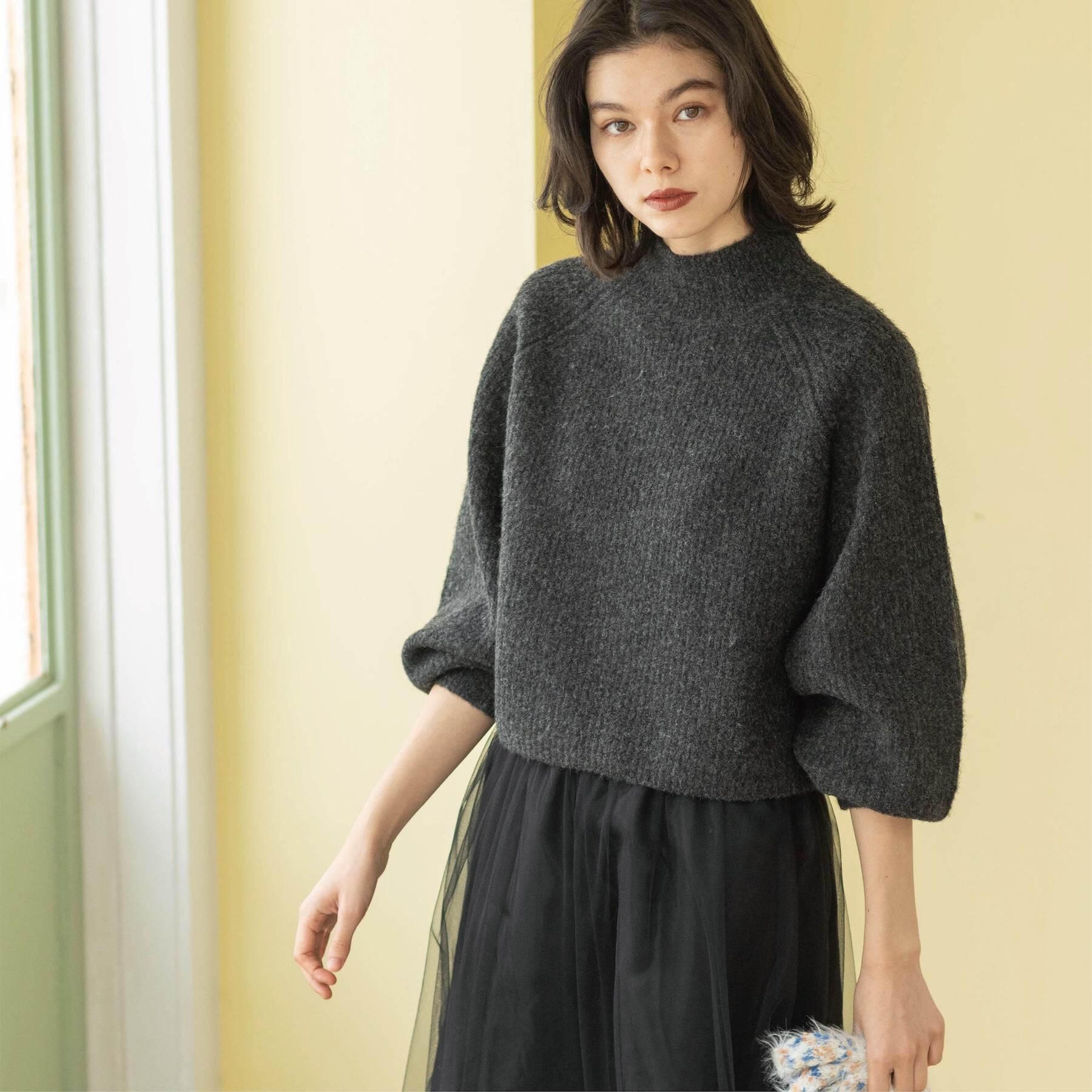 OPAQUE.CLIP「MIXミドルゲージショートあぜニット【洗濯機OK】」|ニット・セーター|チャコールグレー(0