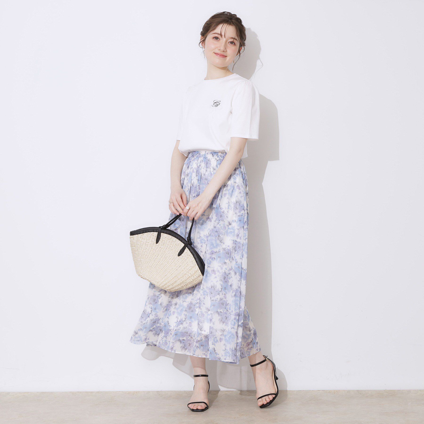 Couture broach「【華やか・ウエストゴム】かすれプリント楊柳スカート」|スカート|