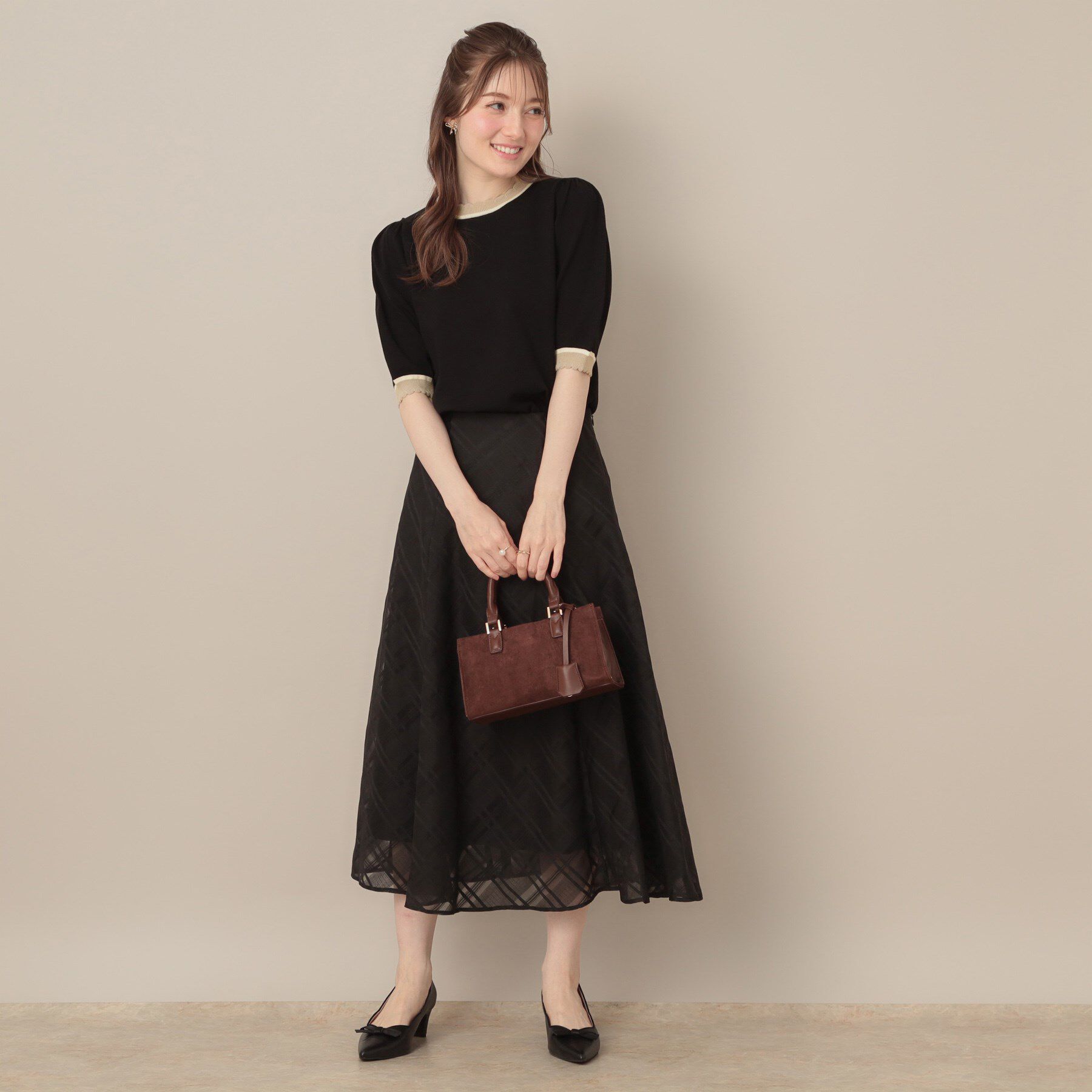 Couture broach「【5分袖・華奢見え・通勤】配色スカラ5分袖ニット」|ニット・セーター|