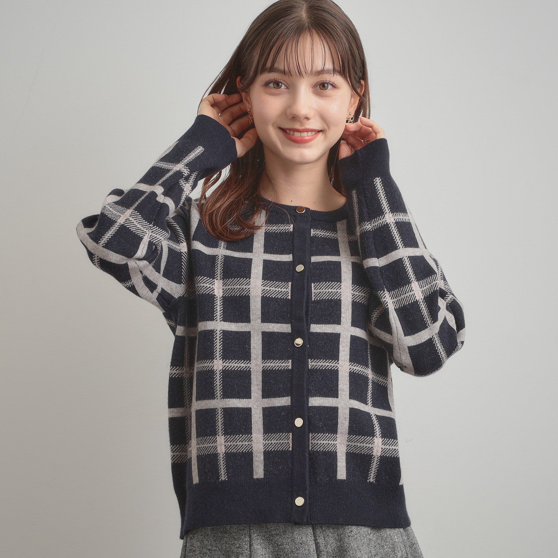 Couture broach「【大人可愛い・通勤】チェックジャカード ニットカーディガン」|カーディガン|