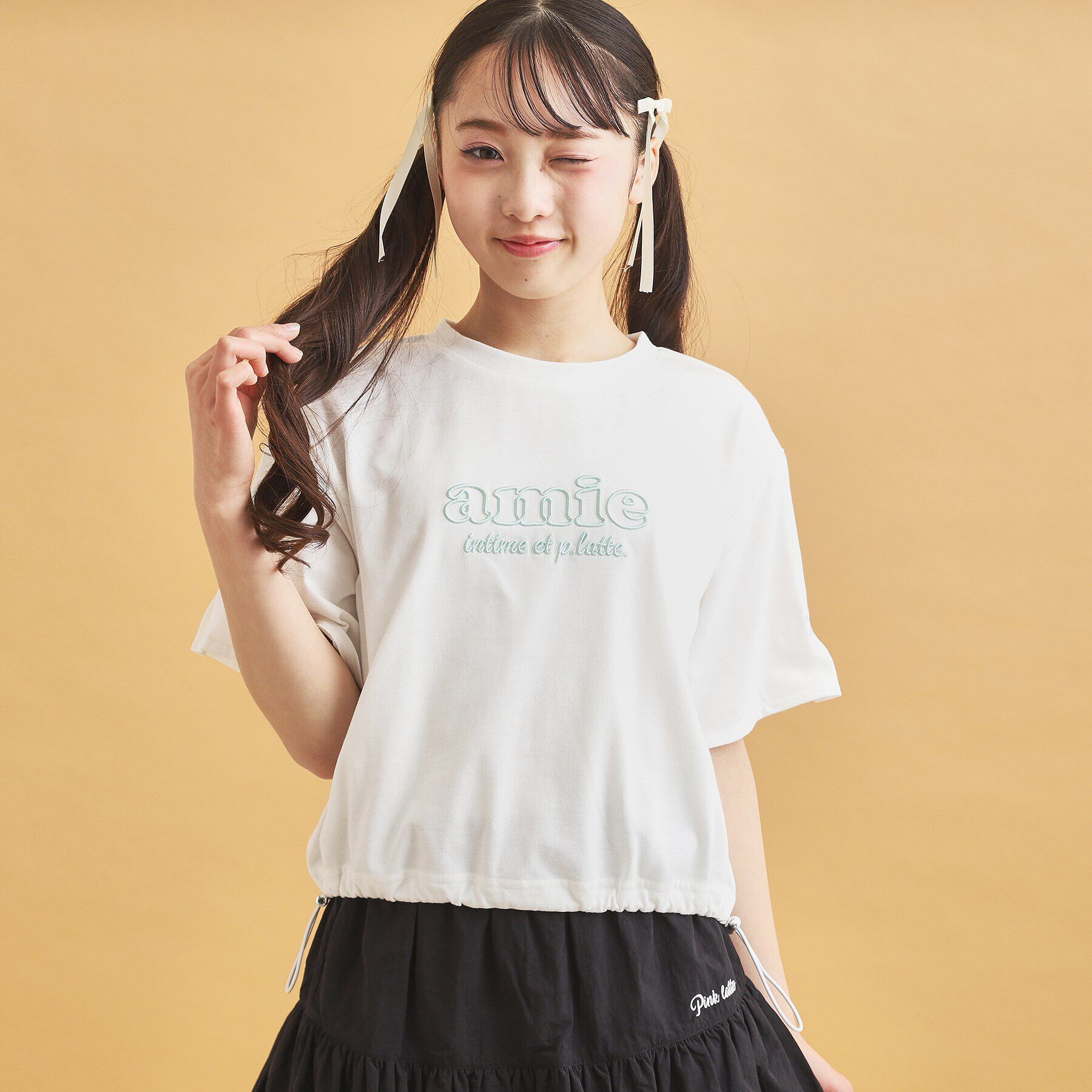 PINK-latte「ドロストリボンタックトップス」|Tシャツ・カットソー|