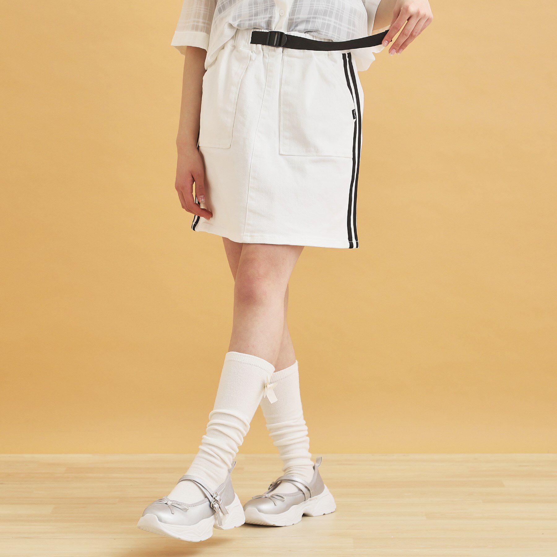 PINK-latte「サイドラインストレッチスカート」|スカート|オフホワイト(003