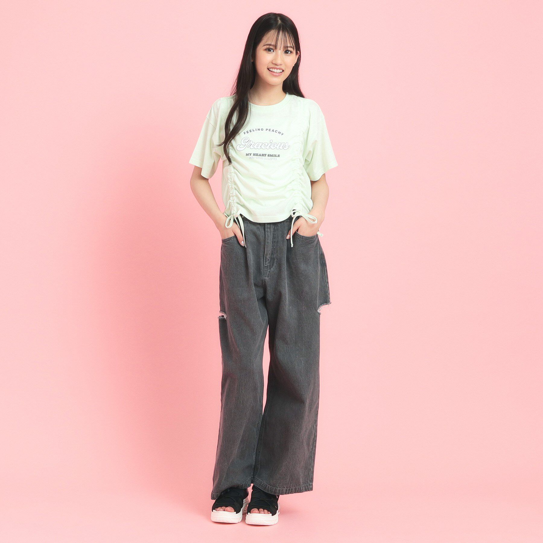 PINK-latte「フロントドロストリボンTシャツ」|Tシャツ・カットソー|