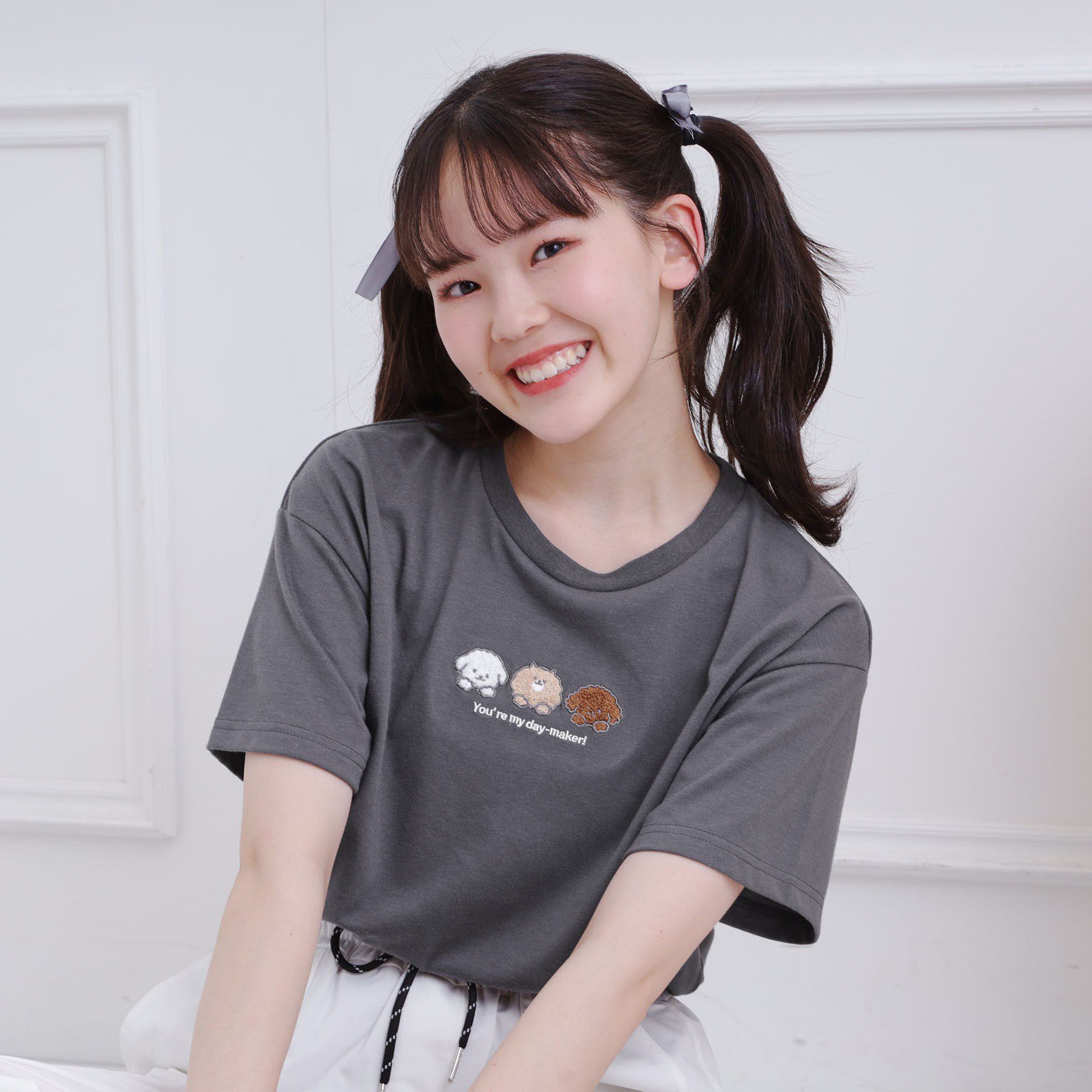 PINK-latte「接触冷感 ワンちゃんサガラTシャツ」|Tシャツ・カットソー|チャコールグレー(0