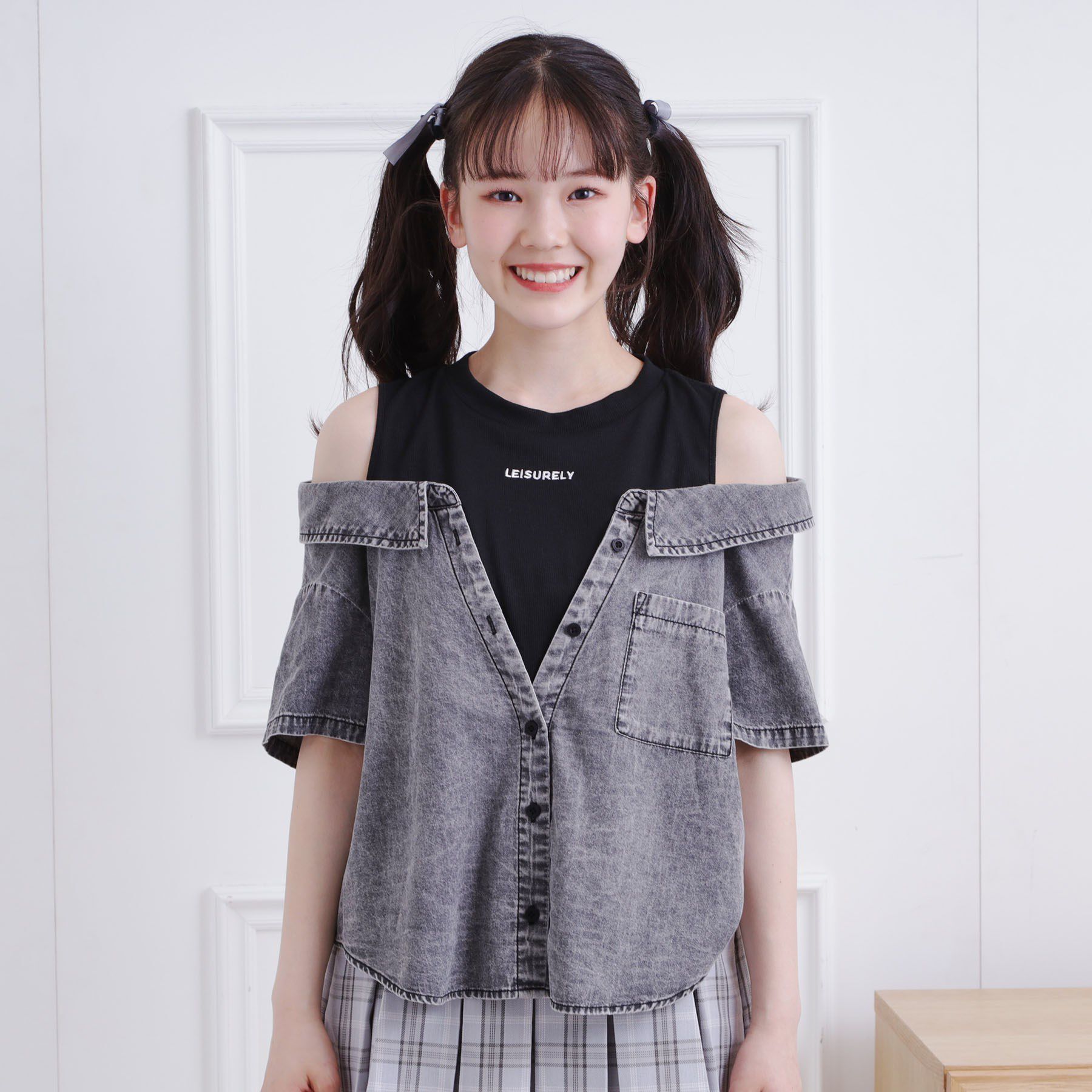 PINK-latte「肩あきデニムドッキングシャツ」|シャツ・ブラウス|