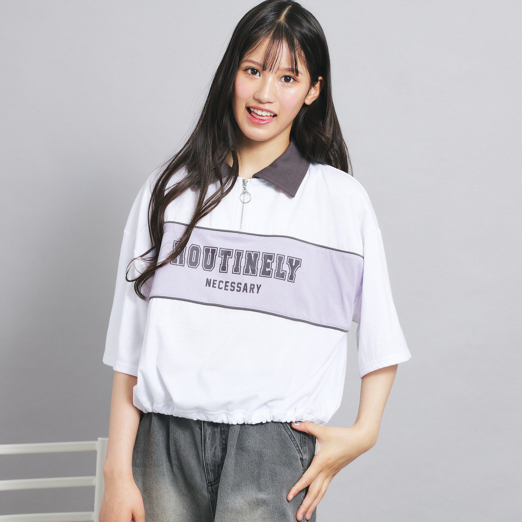 PINK-latte「配色パイピング切り替え衿付きトップス」|Tシャツ・カットソー|