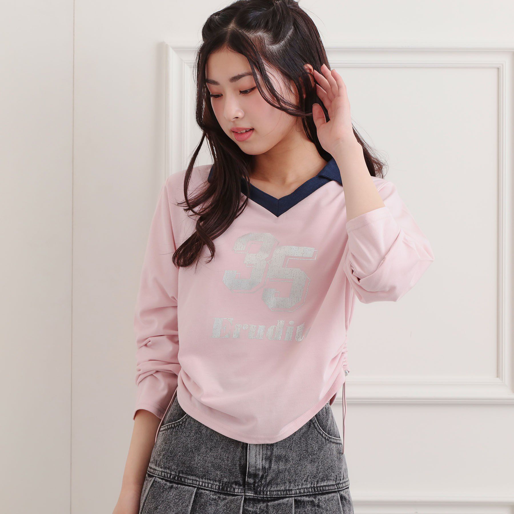 PINK-latte「衿付き箔ナンバーロンT」|Tシャツ・カットソー|ライトピンク(070