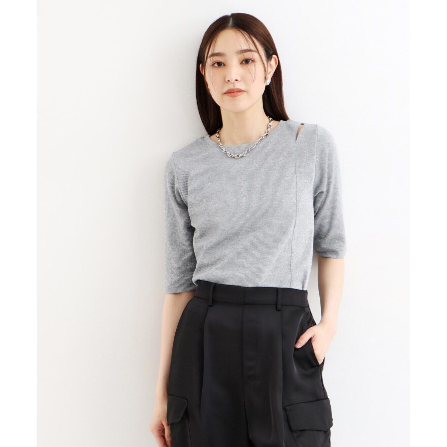 THE SHOP TK「【腕周りカバー】５分袖スリットラメ/洗える」|Tシャツ・カットソー|