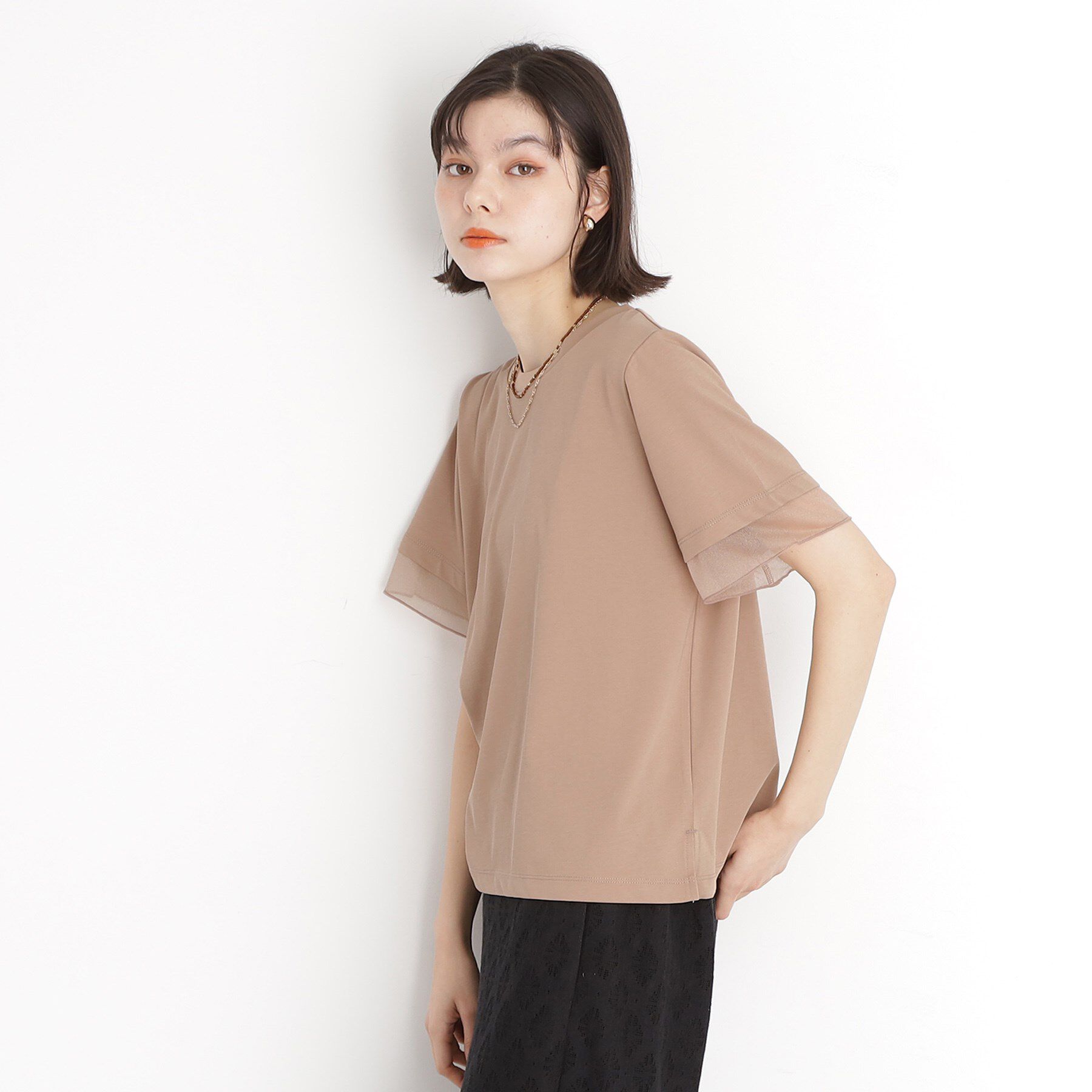 THE SHOP TK「袖シアーTシャツ【接触冷感/洗濯機OK】」|Tシャツ・カットソー|キャメルブラウン(0