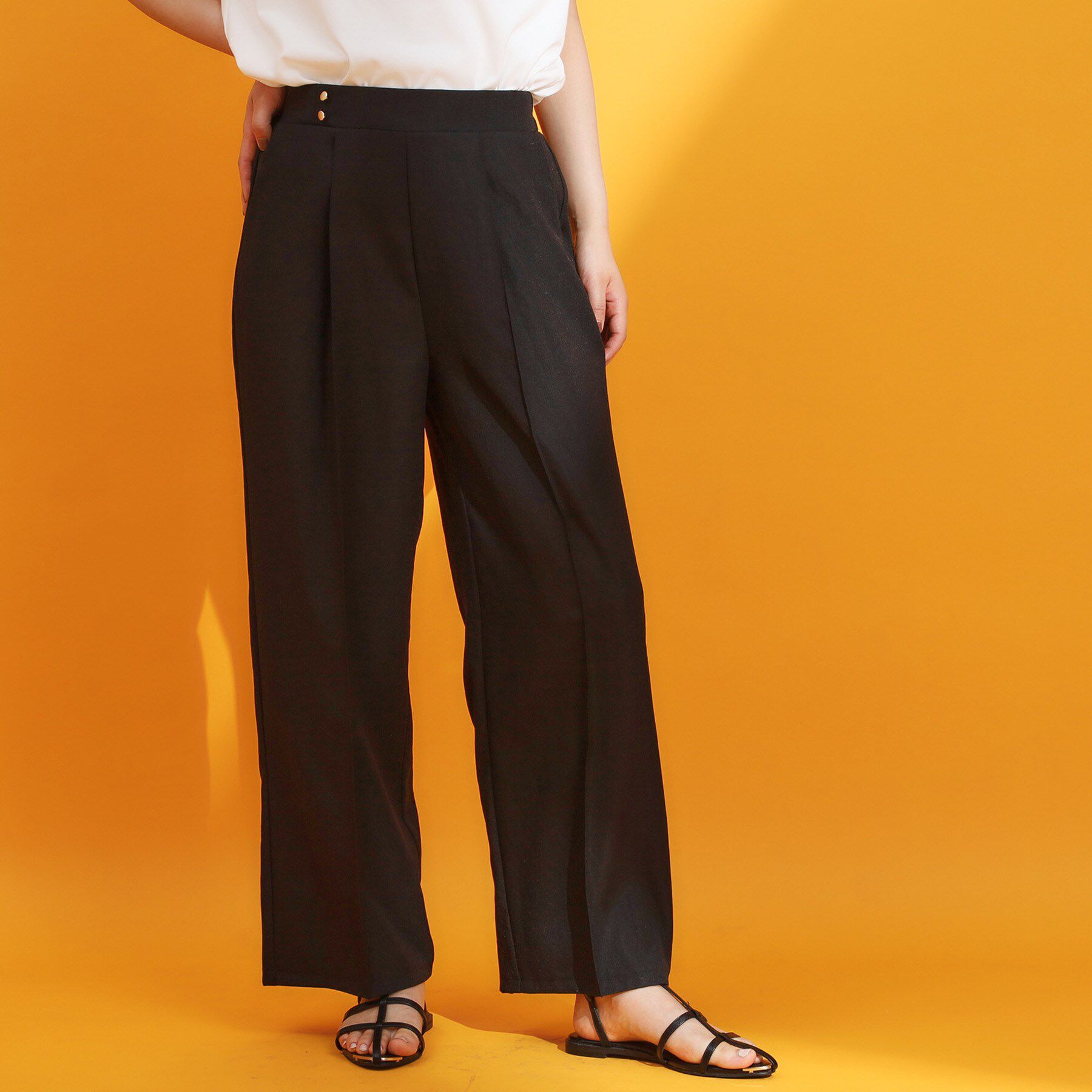 THE SHOP TK「麻調ピンタックワイドパンツ【洗濯機OK】」|その他|ブラック(019)