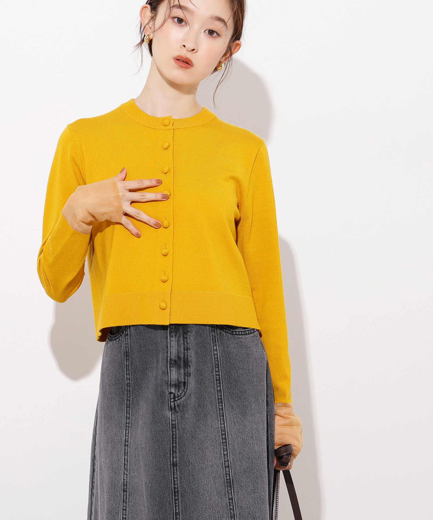  「シアーカフスコンパクトカーデ」|ニット・セーター|イエロー1